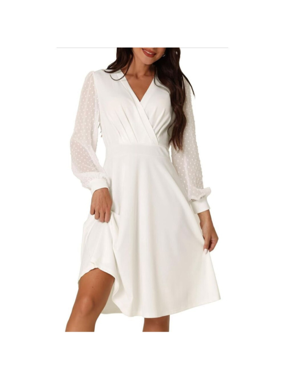 NEW Long Sleeve Swiss Dots Wrap V Neck Knee Length Dress S